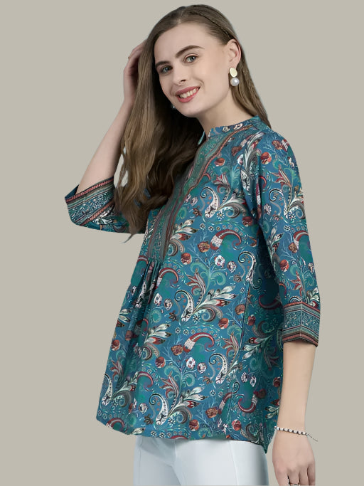 Side View of Blue Floral Cotton Casual Top for Women
