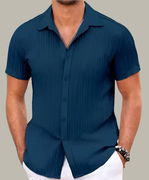 Men’s Blue Popcorn Shirt – Solid Casual Wear with Textured Fabric