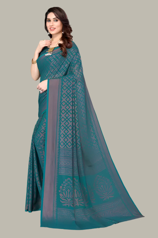Brasso printed chiffon saree – stylish side drape worn by model