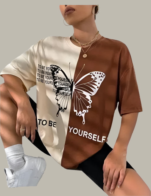 Woman wearing casual butterfly design T-shirt – perfect for daily fashion