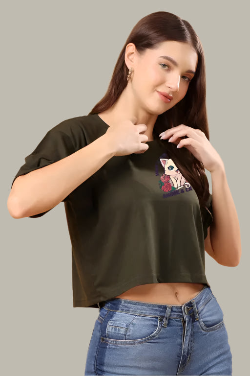 Front view of Girls' Oversized Anime Crop Top T-Shirt – Trendy Streetwear Look