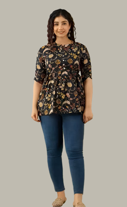 Model wearing party-ready printed topper with regular sleeves – fashionable wear for women and teens