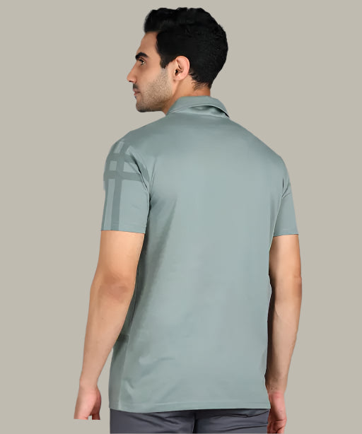 Back design of men’s grey striped graphic t-shirt – casual everyday wear