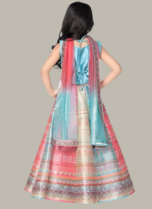 Multicolored Polyester Printed Stone Work Kids Girls Lehenga Wedding Wear
