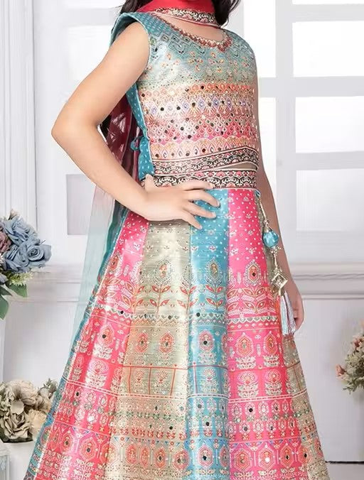 Multicolored Polyester Printed Stone Work Kids Girls Lehenga Wedding Wear