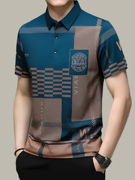*Teal Geometric Polo Shirt Styled for Casual and Office Wear – Men's Fashion
