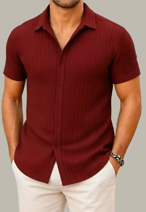 Men’s Solid Popcorn Fabric Shirt in Red – Casual & Stylish Everyday Wear