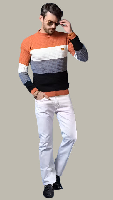Wear Lusso Men’s Striped Round Neck Mustard Sweater – Front View Winter Casual Wear