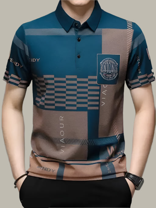 Men's Geometric Polo T-Shirt in Teal – Front Look with Classic Fit