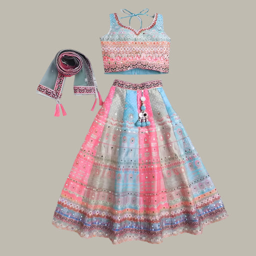 Multicolored Polyester Printed Stone Work Kids Girls Lehenga Wedding Wear