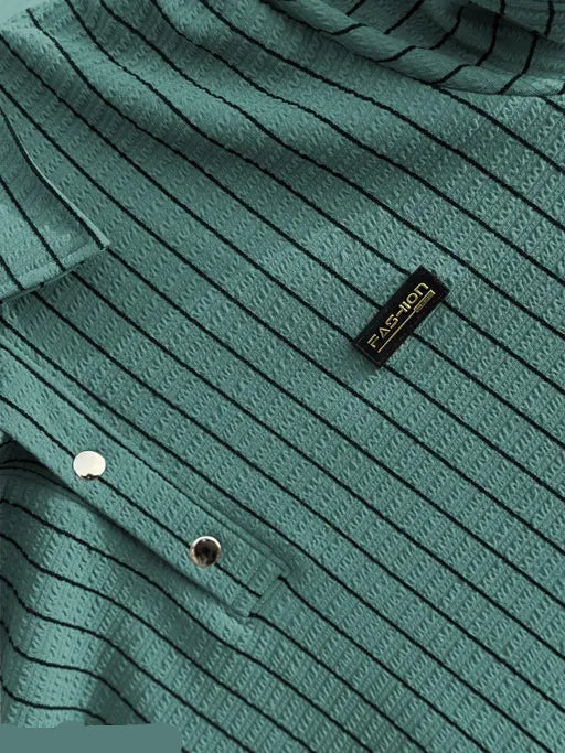 Model wearing latest striped polo neck T-shirt – perfect for casual fabric