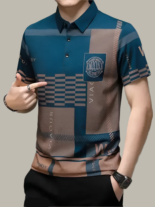 Close-Up of Fabric Detail – Premium Geometric Polo for Men in Teal