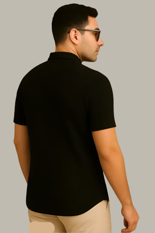 Back look of trending printed shirt with breathable cotton fabric