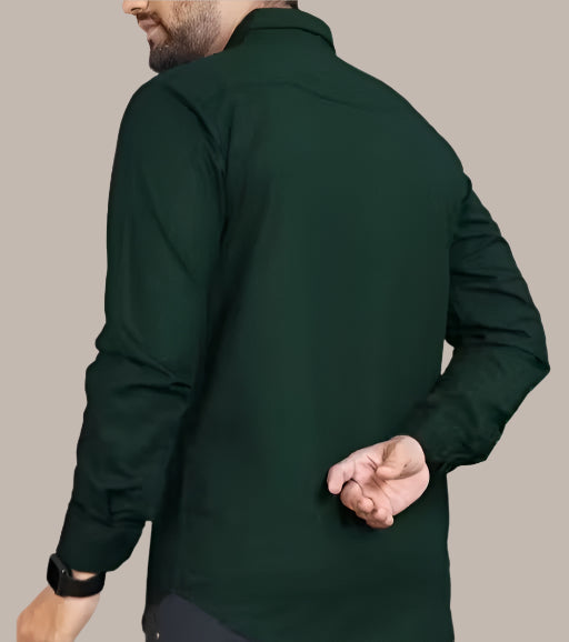 Back design of bottal green cotton shirt – modern casual wear for men