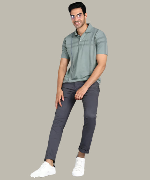 Flat lay of striped graphic grey t-shirt for men – trendy and breathable fabric