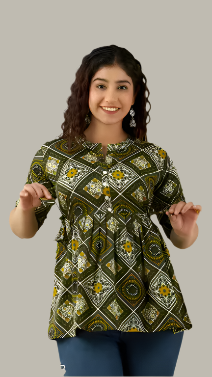 Trendy printed party top for women – front view with regular sleeves