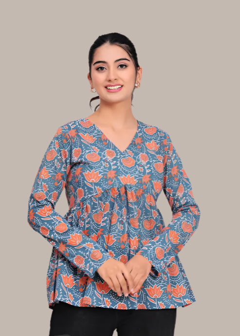 Vibrant cotton peplum top for women – front view showcasing elegant fit