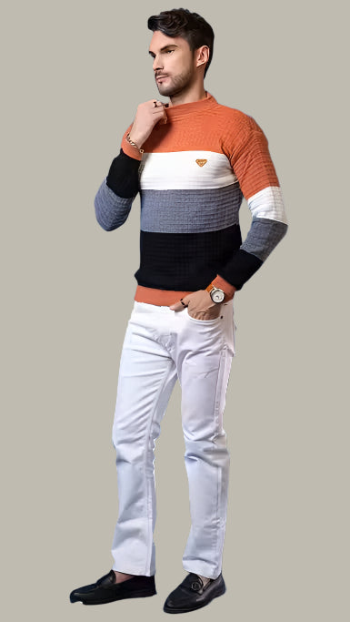 Model Wearing Wear Lusso Men’s Mustard Striped Sweater – Perfect for Casual Winter Outfits