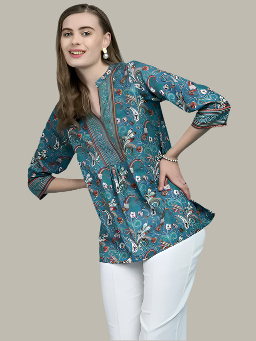 Women's Blue Floral Printed Cotton Casual Top – Front Look