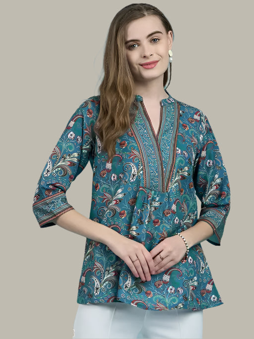 Model Wearing Blue Floral Cotton Top – Stylish & Casual Wear for Women