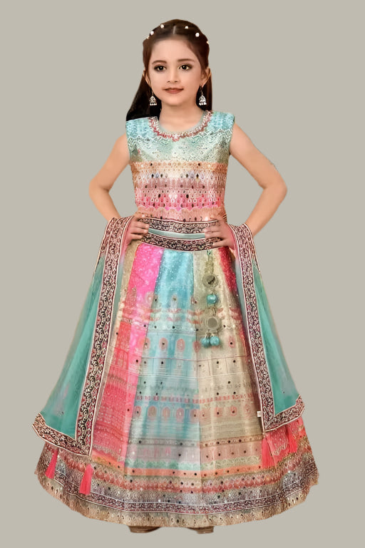Multicolored Polyester Printed Stone Work Kids Girls Lehenga Wedding Wear