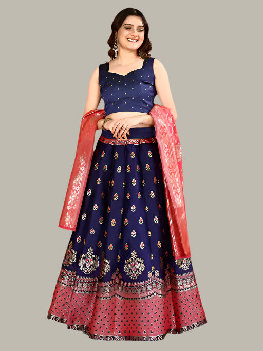 Close-up of premium Banarasi silk fabric with gold weaving on lehenga choli
