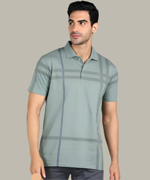 Model styling a trendy striped grey tee with graphic print for men – perfect for casual wear
