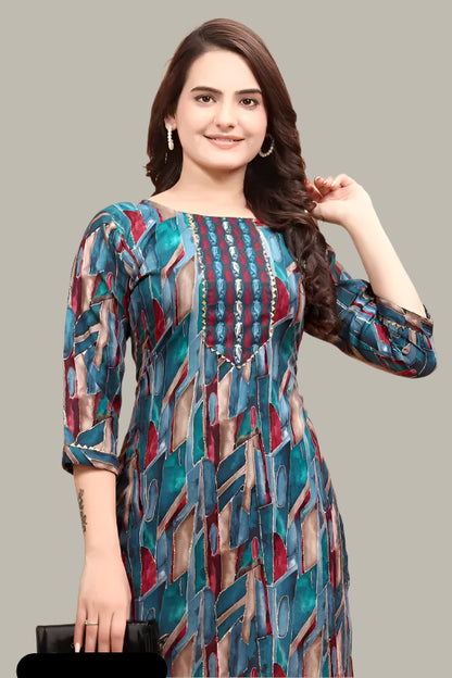 Model wearing both Kurti Pant Sets – Partywear outfit combo for women

