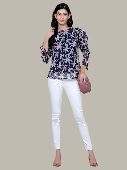 Model Wearing Casual Floral Georgette Top – Perfect for Day Out or Brunch