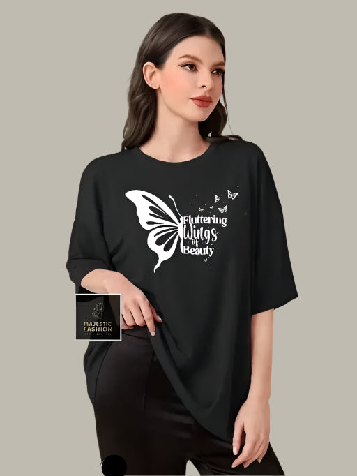 *Front view of Fluttering Test Black T-Shirt for Women – Casual & Stylish Look
