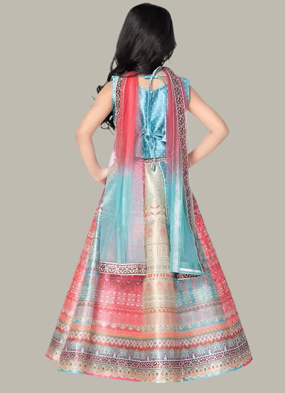 Multicolored Polyester Printed Stone Work Kids Girls Lehenga Wedding Wear