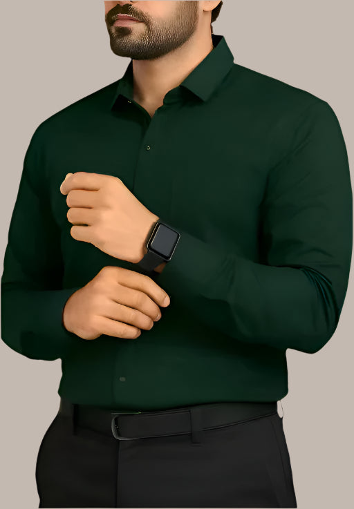 Front view of trending men’s bottal green button-down cotton shirt
