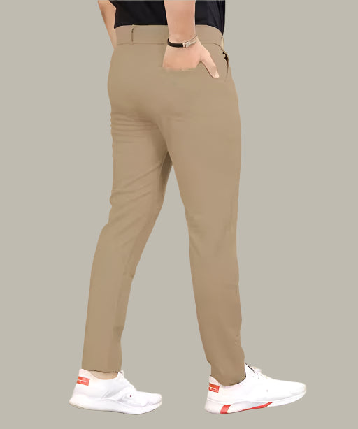 Back View of Brown Casual Trouser for Men – Classic Solid Design with Pockets
