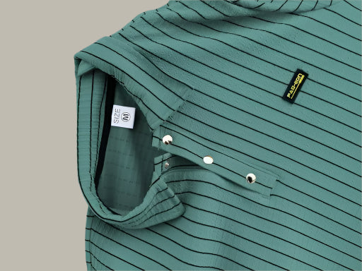 Close angle of men’s striped polo neck T-shirt – comfortable and trendy design
