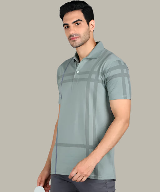 *Front view of trendy men's striped grey graphic t-shirt with round neck
