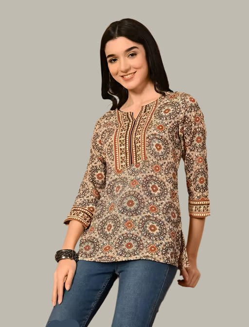 Womens Cotton Printed Badmeri Ajrakh Prints Short Kurti Quality Primium
