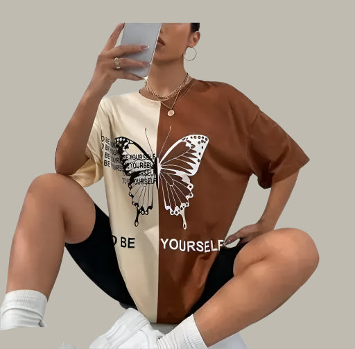 Front view of women's T-shirt with butterfly pattern – stylish casual wear

