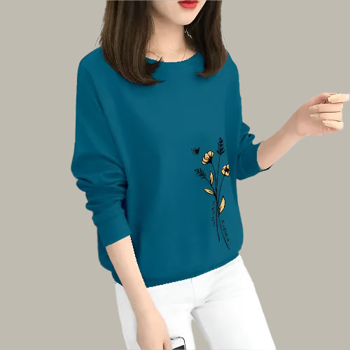 Front view of women’s cotton stretch T-shirt with round neck and full sleeves – regular fit

