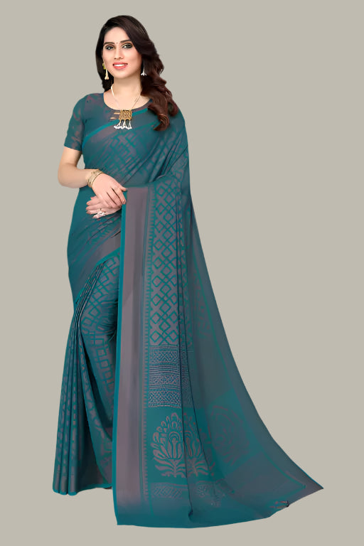 Front view of Women’s Winza Designer Chiffon Saree with elegant Brasso print – Welcome Mart
